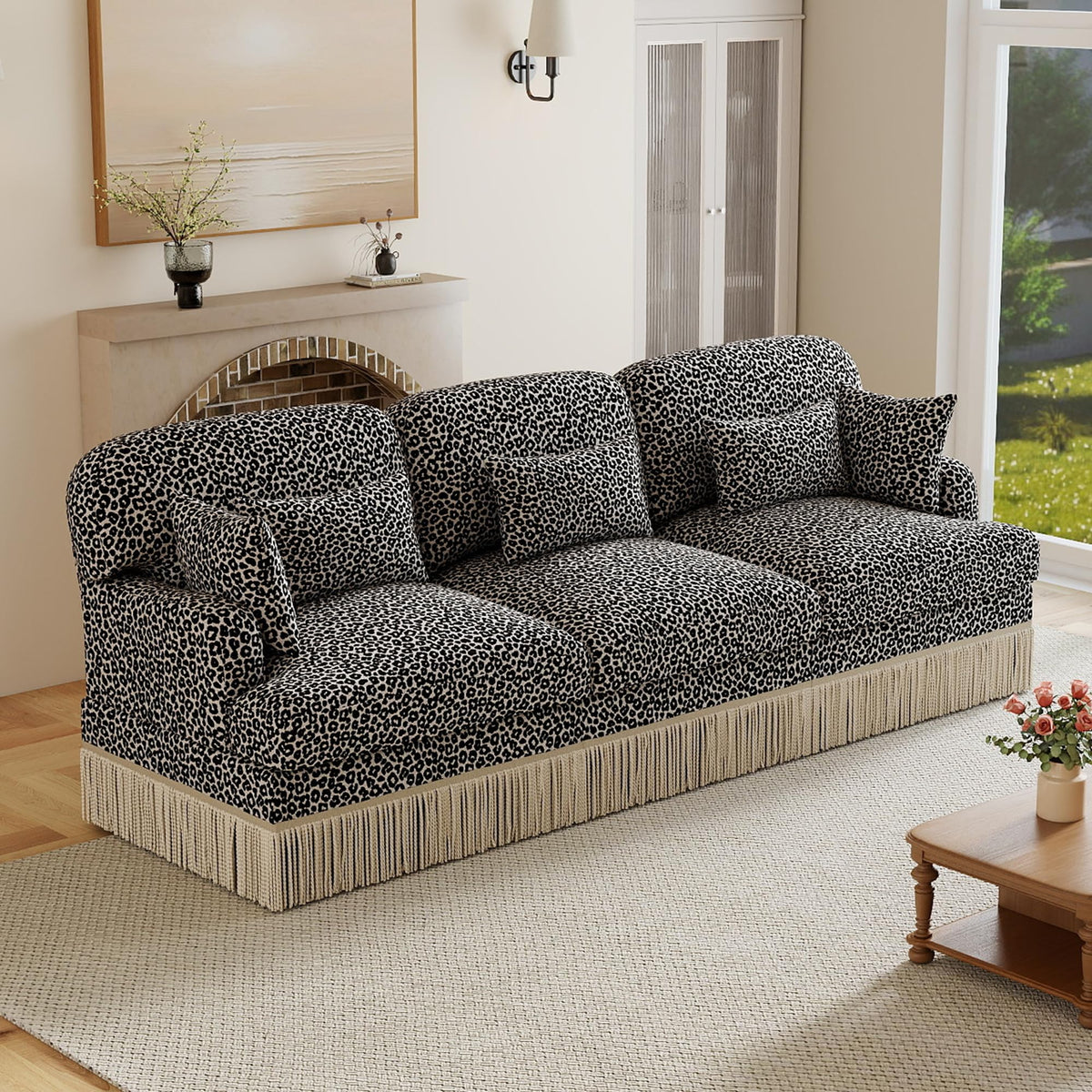 100" Leopard Print Chenille Modular Sectional Sofa with Tassels, L-Shaped Deep Seat Cloud Couch with Ottomans for Living Room, BGE-KHK