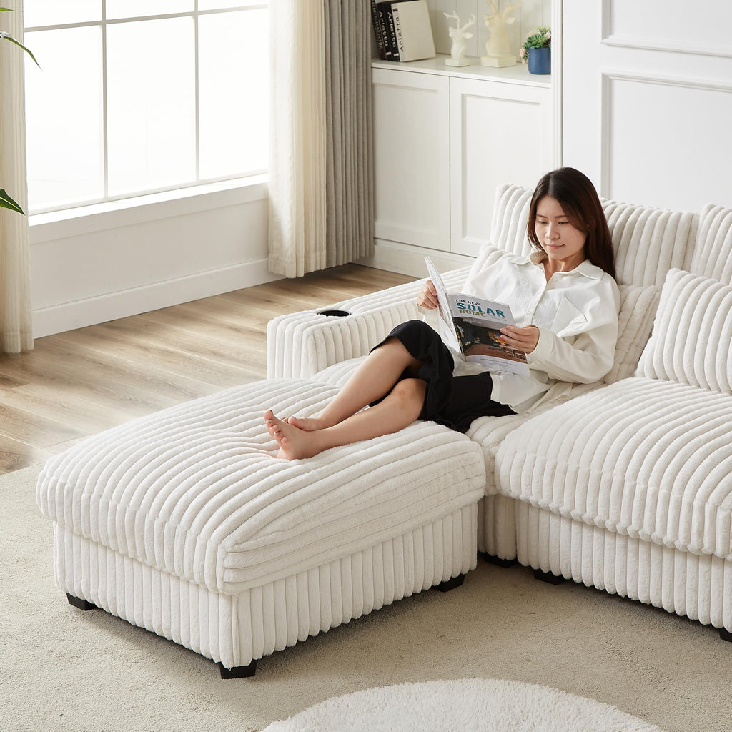 126 inch Corduroy with Cup Holder Super Large L Shaped Sofa, Movable Footrest, Four Waist Pillows and Four Back Cushion, with USB Port and Type C Port