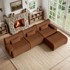 126" L Shaped Boneless Couch, 4-Seat Modular Sectional Sofa with Ottoman, Teddy Fleece Upholstery, Deep Seat Cloud Couch, No Assembly Required,Brown