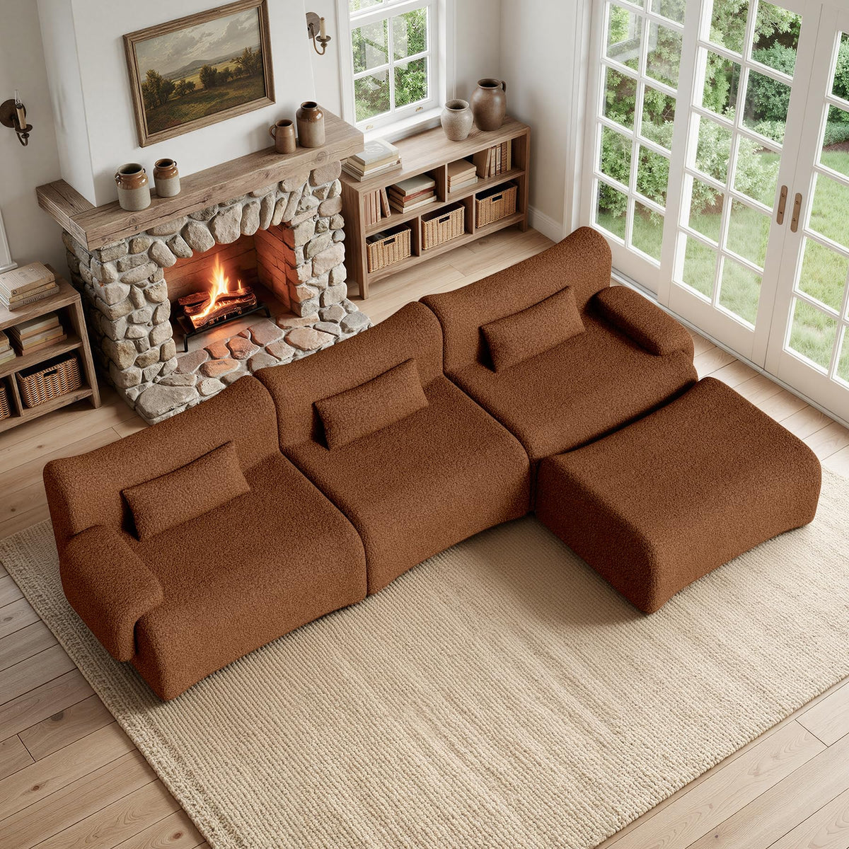 126" L Shaped Boneless Couch, 4-Seat Modular Sectional Sofa with Ottoman, Teddy Fleece Upholstery, Deep Seat Cloud Couch, No Assembly Required,Brown
