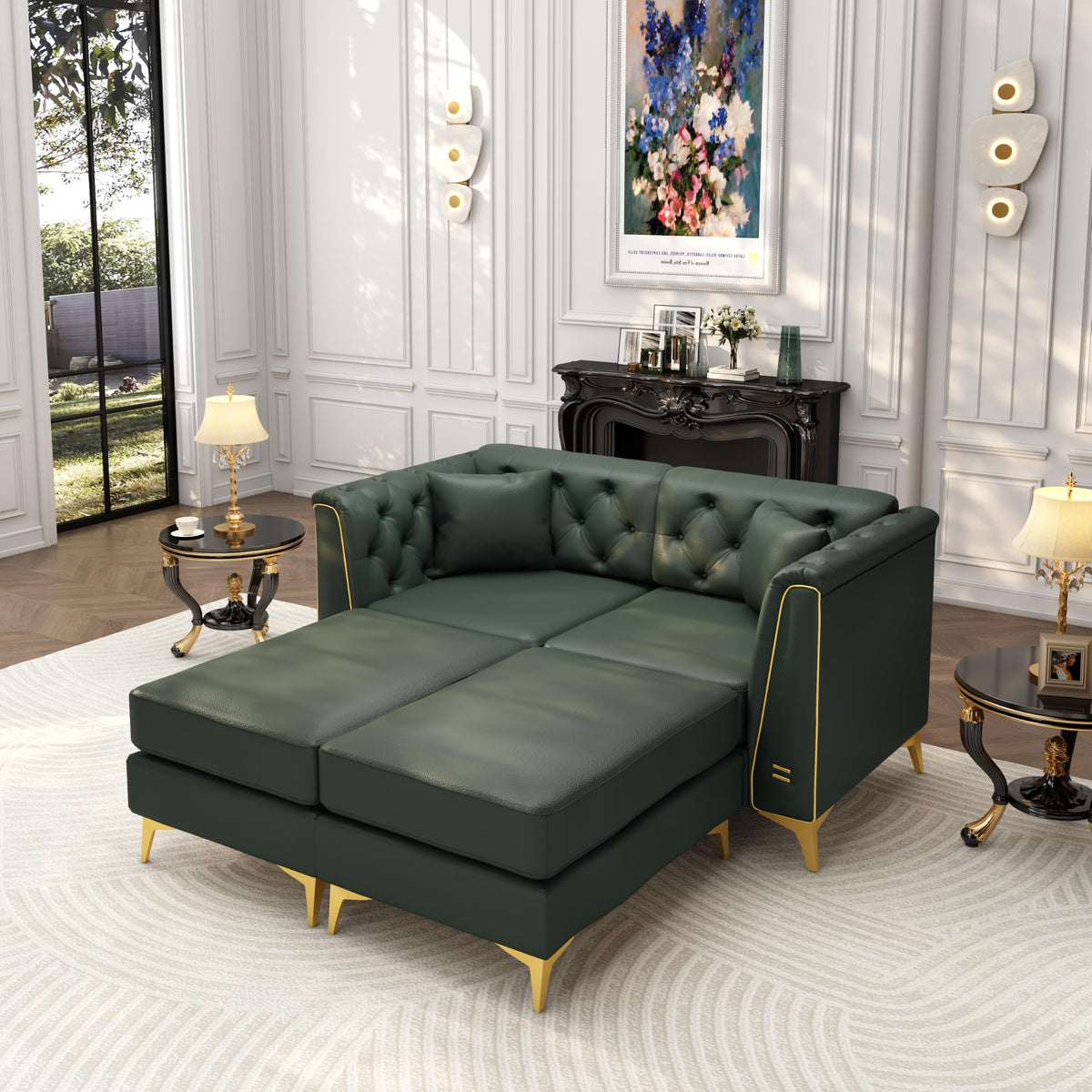 Tmsan 81.5" Green Faux Leather Modular Sleeper Sectional Sofa Couch Bed