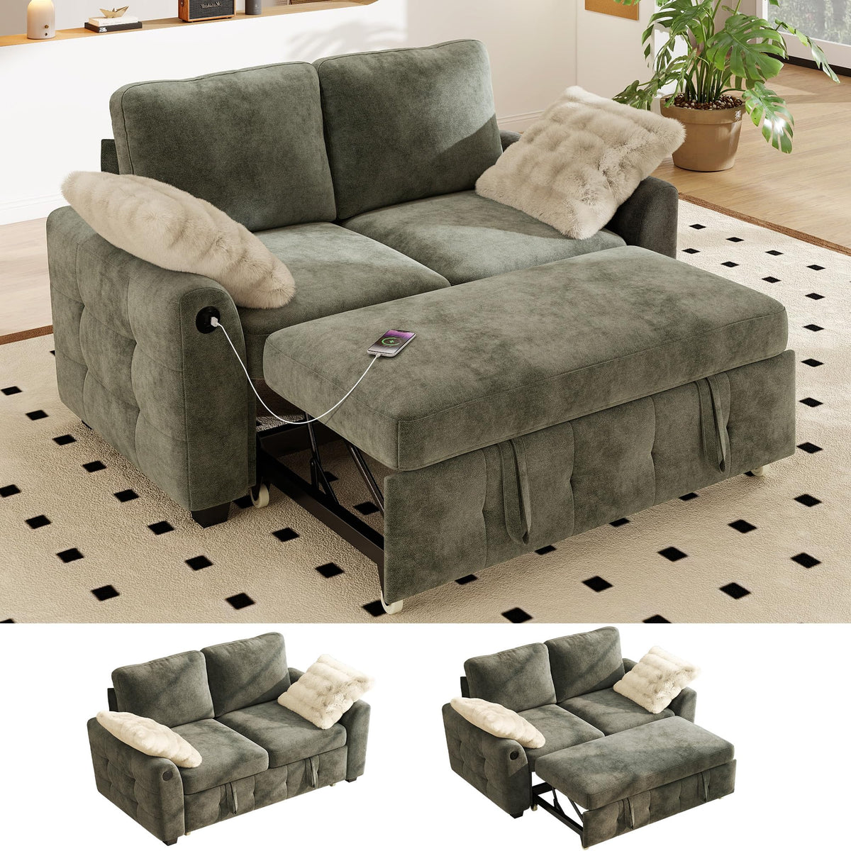 WorthFurni 104" Oversized 6 Seat L Shaped Sectional Sofa, Corduroy Convertible Couch with Pull Out Bed, Movable Storage Ottoman, USB Port, 2 Pillows & Storage Pocket for Living Room（Gray）