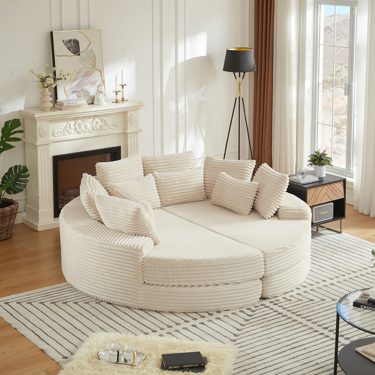 78.5" Beige Round Sofa Bed, Oversized Corduroy Boneless Couch, 2-in-1 Convertible Recliner Chair with Neck Pillow & 5 Throw Pillows, No Assembly, Living Room Lounge Furniture