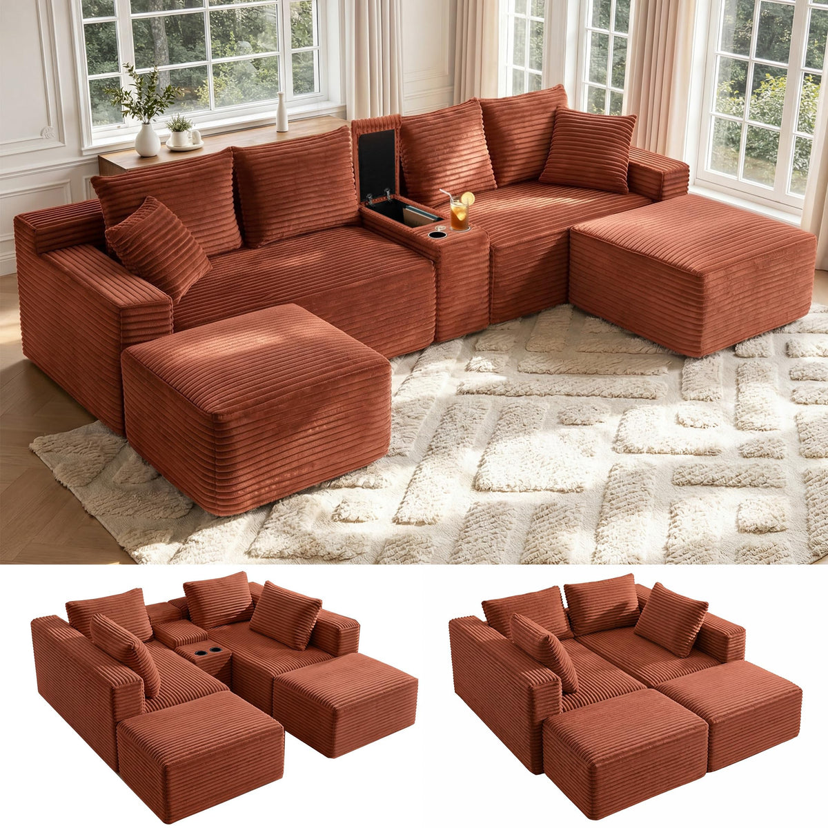 127" U-Shaped Boneless Sofa with Center Console for Living Room, Brown