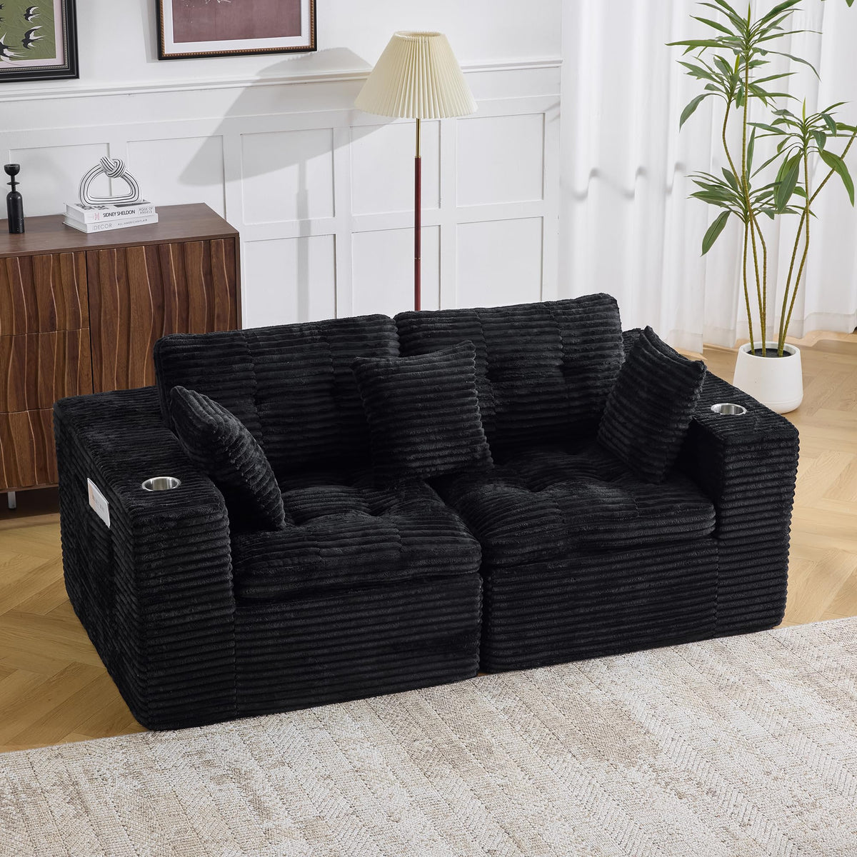108.08" Boneless Sectional Couch, Modern U Shaped Modular Sectional Sofa Corduroy Upholstered for Living Room Oversized Deep Seat Cloud Couch with 2 Ottoman, No Assembly, Black