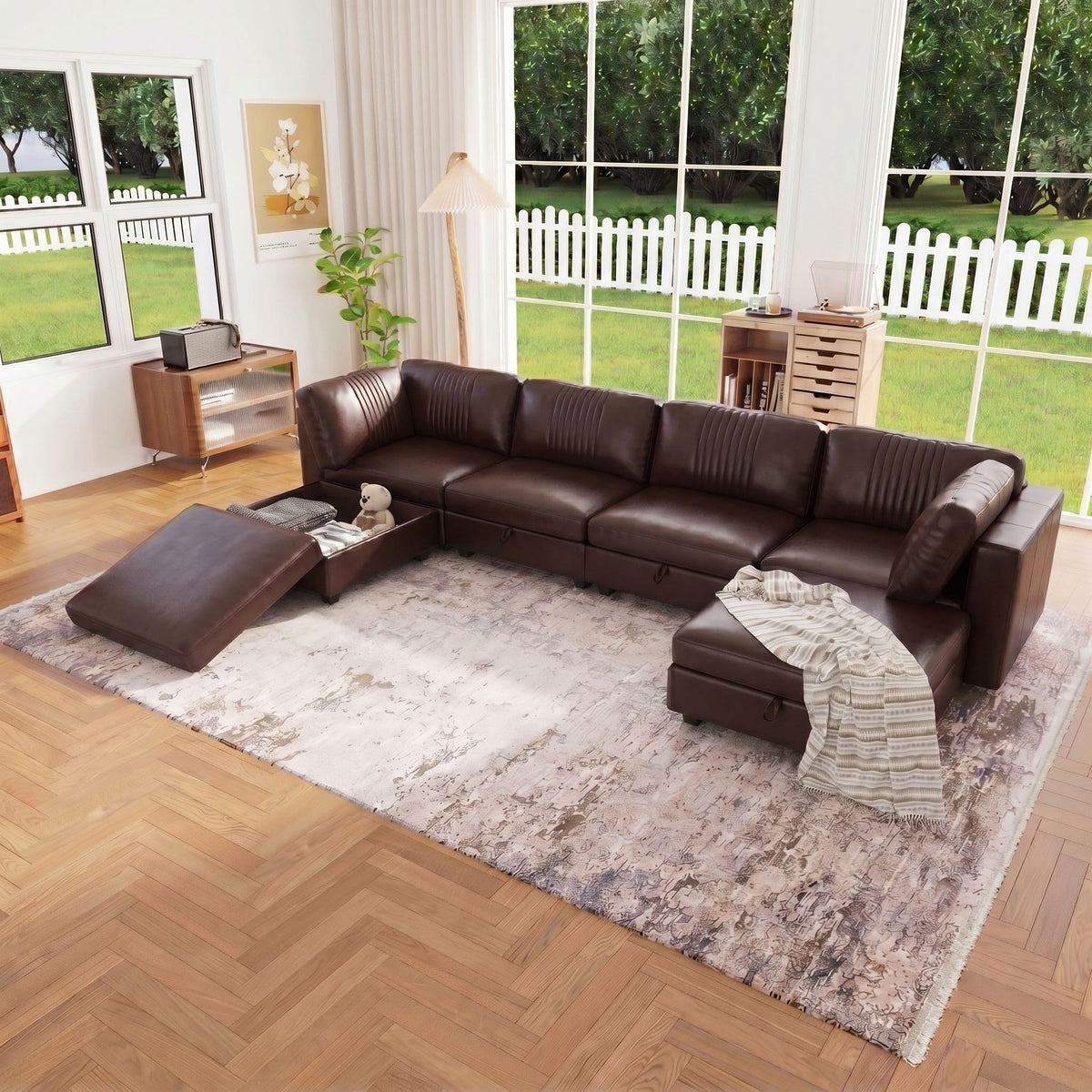 128" Faux Leather Modular Sectional Sofa with Storage, 8 Seater Waterproof & Scratch Resistant Leather Sectional Sofa, U Shaped Couch with Storage, Oversized Brown Sectional Couches for Living Room