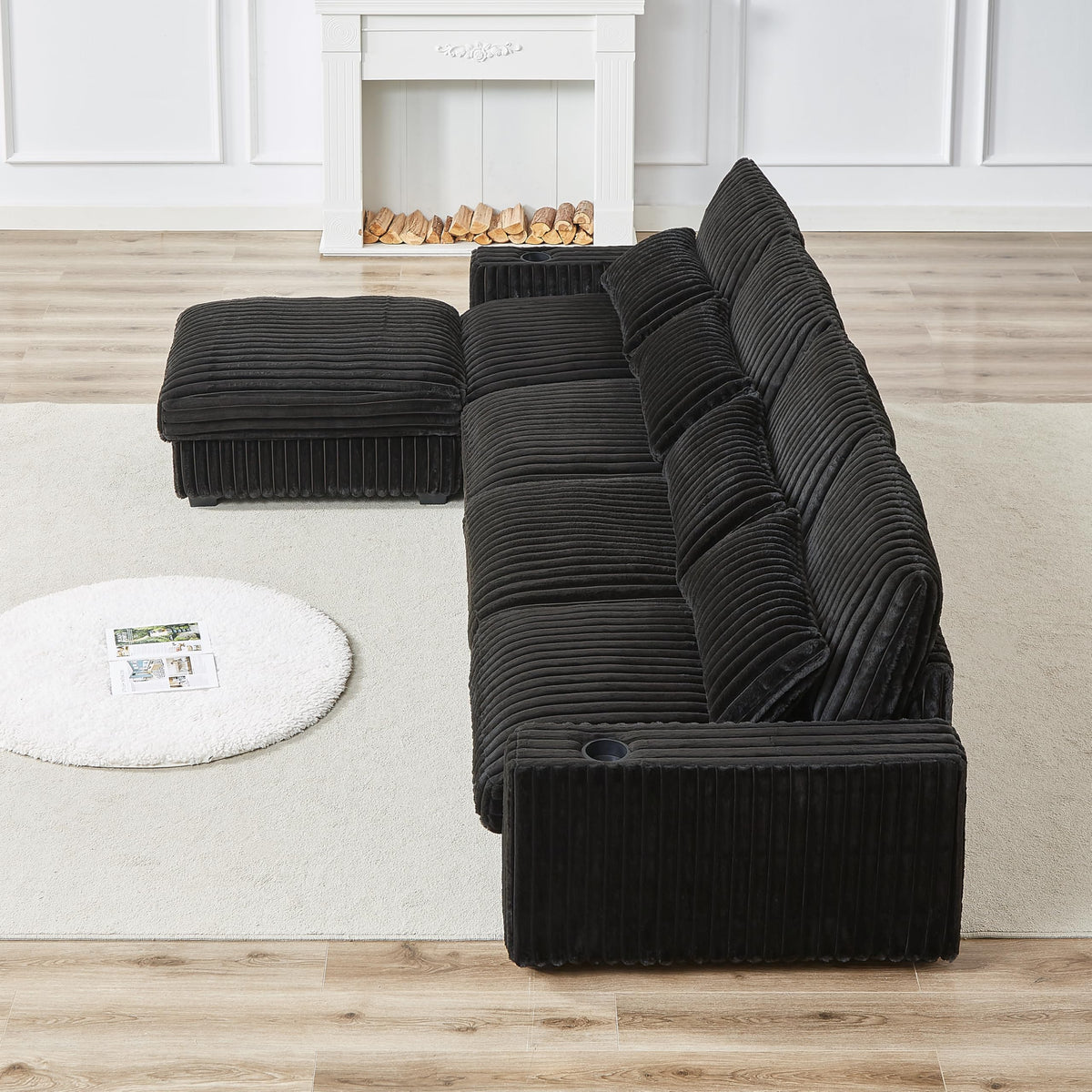126 inch Corduroy with Cup Holder Super Large L Shaped Sofa, Movable Footrest, Four Waist Pillows and Four Back Cushion, with USB Port and Type C Port AH915