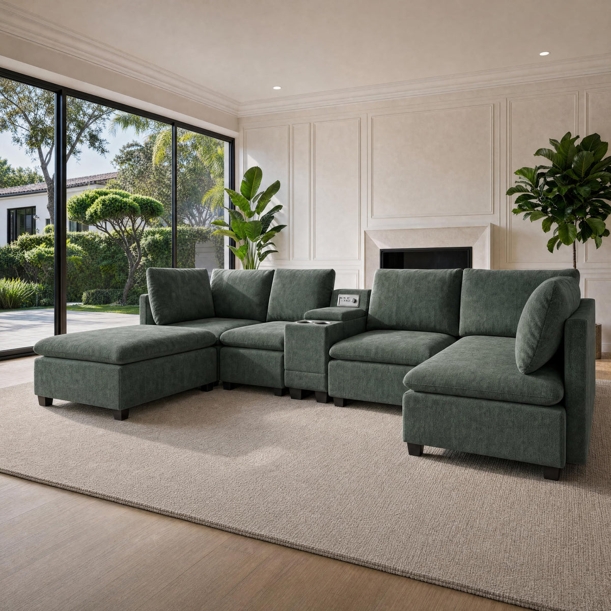 121" U-Shaped Sectional Sofa, Chenille Cloud Modular Couch, Green
