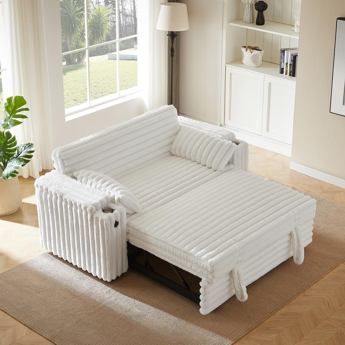 White Corduroy Sofa Bed with Pull Out Bed