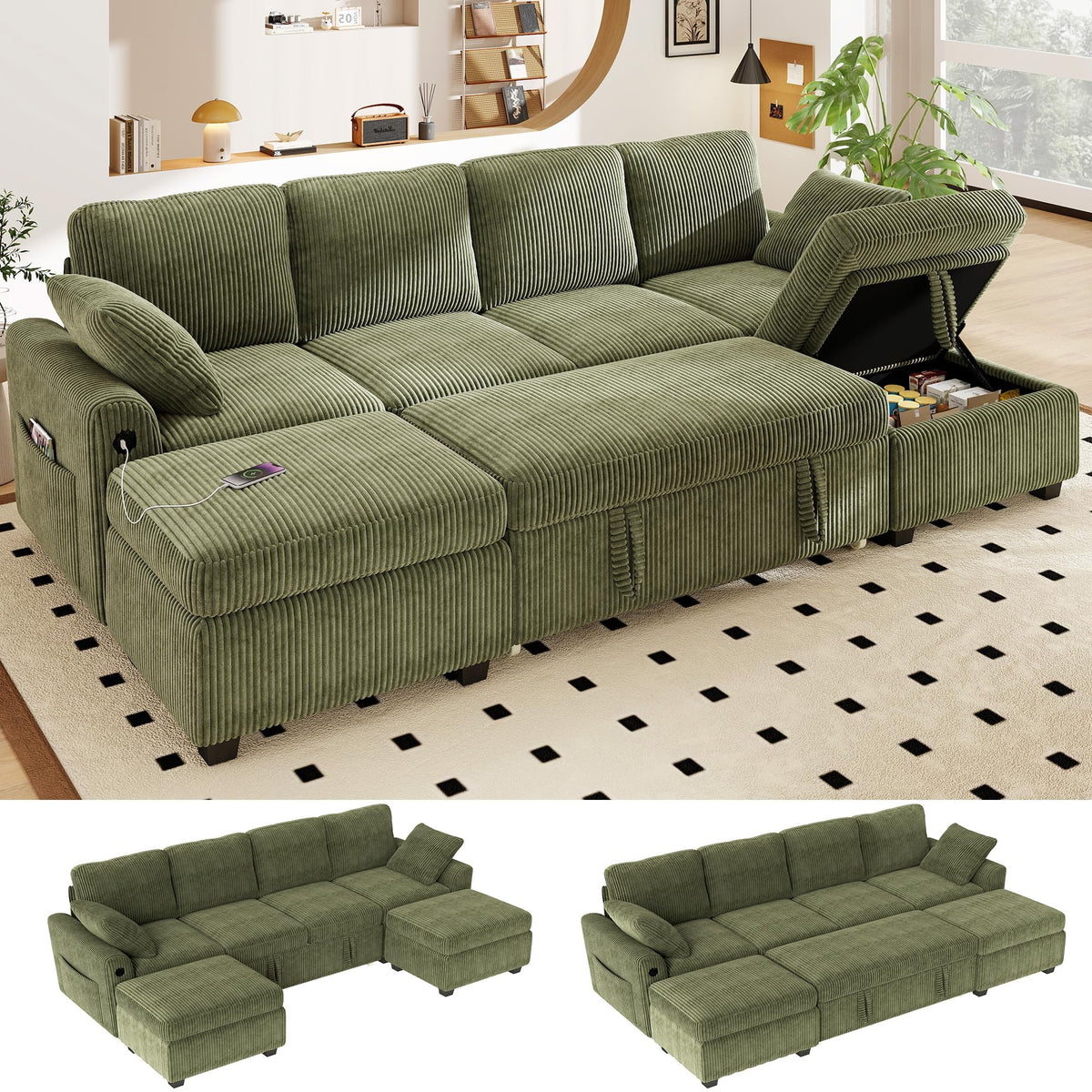 WorthFurni 104" Oversized 6 Seat L Shaped Sectional Sofa, Corduroy Convertible Couch with Pull Out Bed, Movable Storage Ottoman, USB Port, 2 Pillows & Storage Pocket for Living Room（Gray）