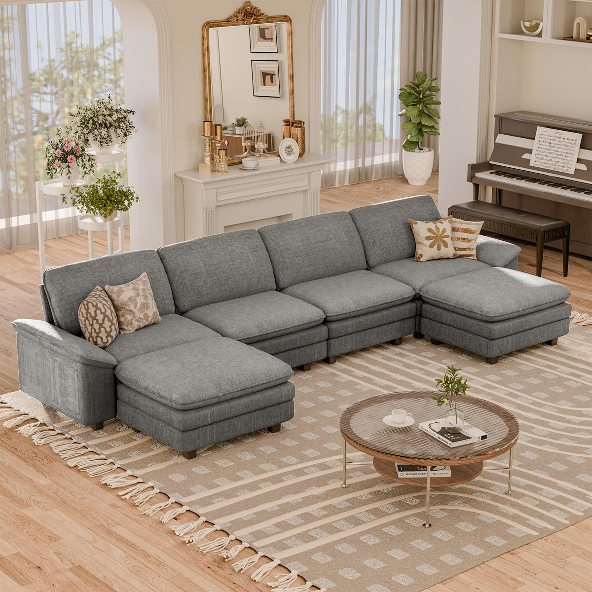YESHOMY 4-Seat Linear Cloud Modular Sofa, Deep Seat Couch with Ottoman
