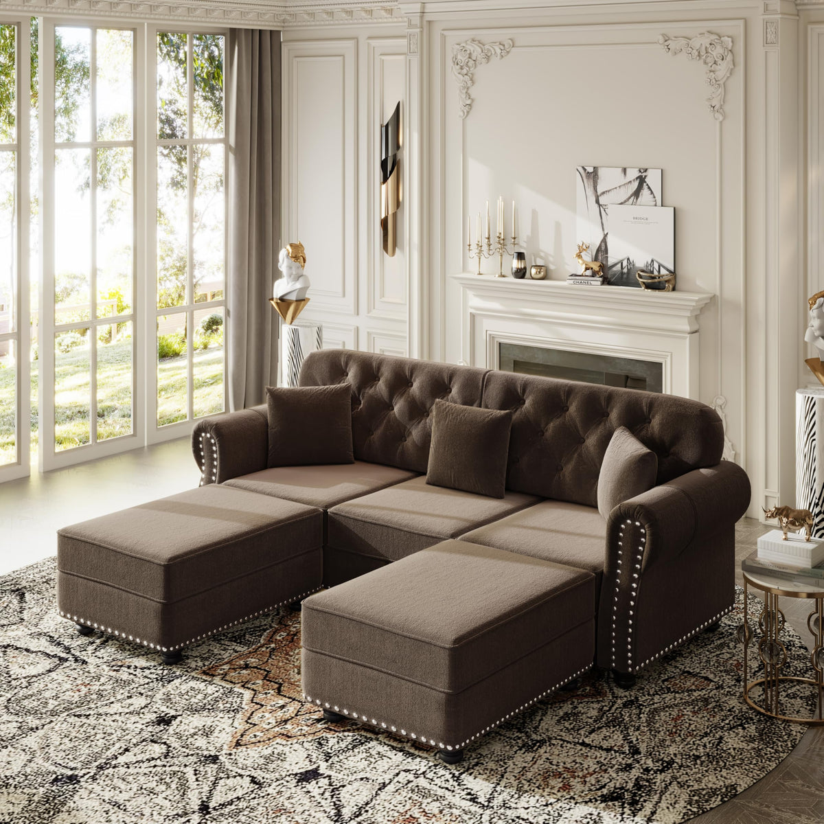 Velvet Chesterfield Sofa with Rolled Arms & Nailhead Trim, Modular Sectional Sofa Couches, Modern Cloud Sofa with Button Tufted, for Living Room, Bedroom, Small Space