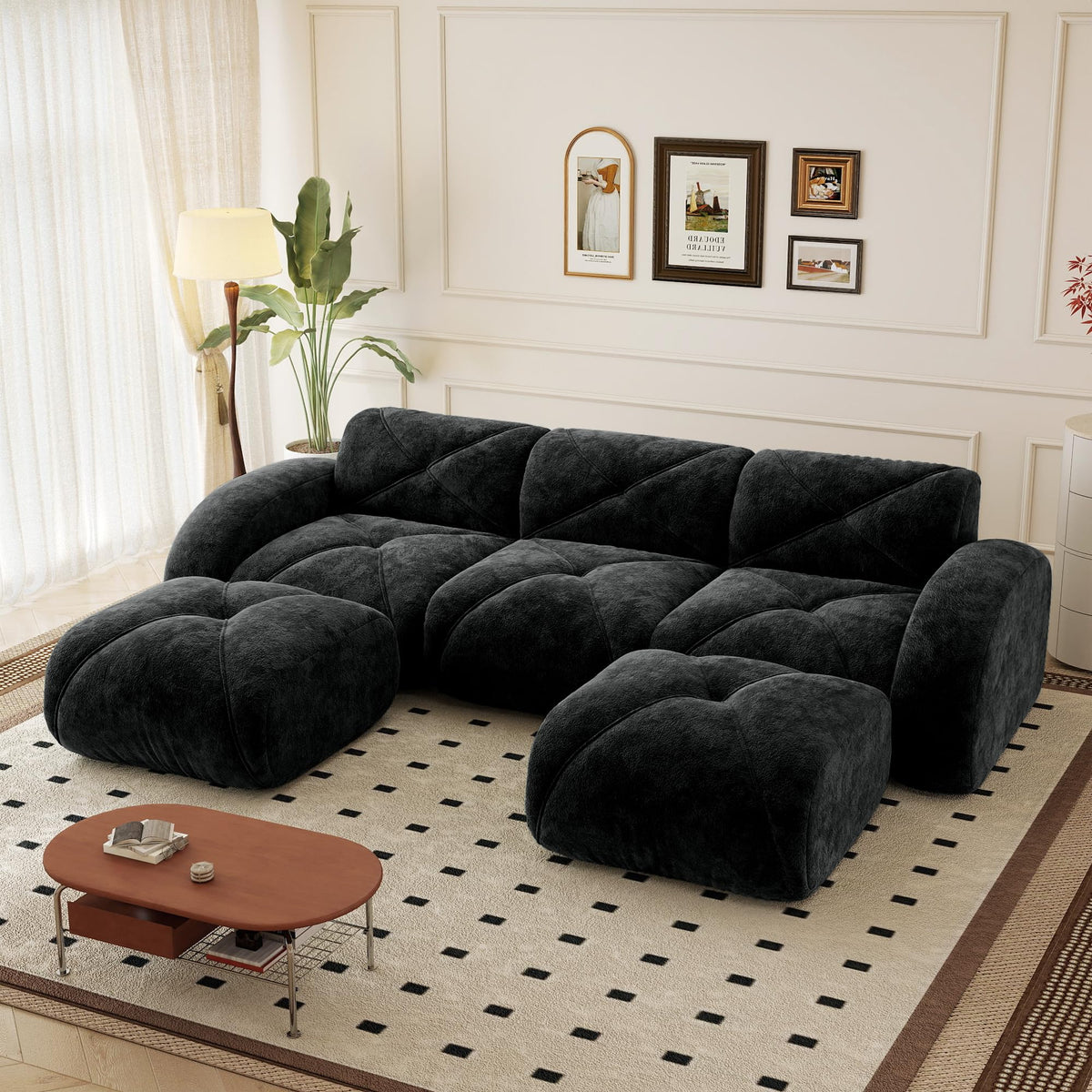 110.6" U Shaped Boneless Couch with Ottoman, Convertible Modular Sectional Cloud Sofa, Deep Seat 5 Seater Velvet Couch, 32D High Density Foam Sofas for Living Room, No Assembly Required, Camel