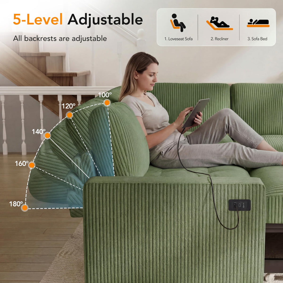 Vipbear Pull Out Sofa Bed Sectional Sleeper Sofa with Reclining Backrest & Storage, Corduroy Pullout Modular Sectional Couches with USB Charging, L Shaped Convertible Couch Bed for Apartment, Green
