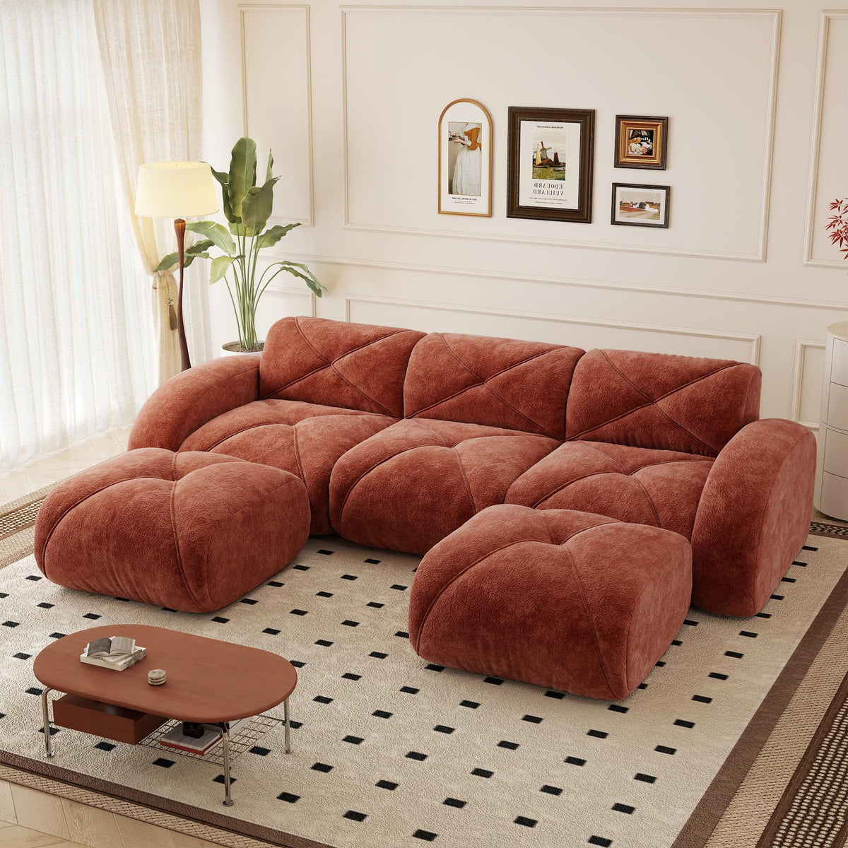 110.6" U Shaped Boneless Couch with Ottoman, Convertible Modular Sectional Cloud Sofa, Deep Seat 5 Seater Velvet Couch, 32D High Density Foam Sofas for Living Room, No Assembly Required, Camel
