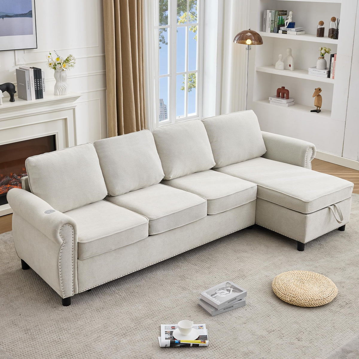 106'' Flannelette Fabric L Shaped 4 Seater Modular Sleeper Couch, 2-in-1 Pull Out Sofa Bed with USB Charging Ports, Memory Foam Mattress, and Storage Chaise for Living Room (Beige, 106'' L Shaped)