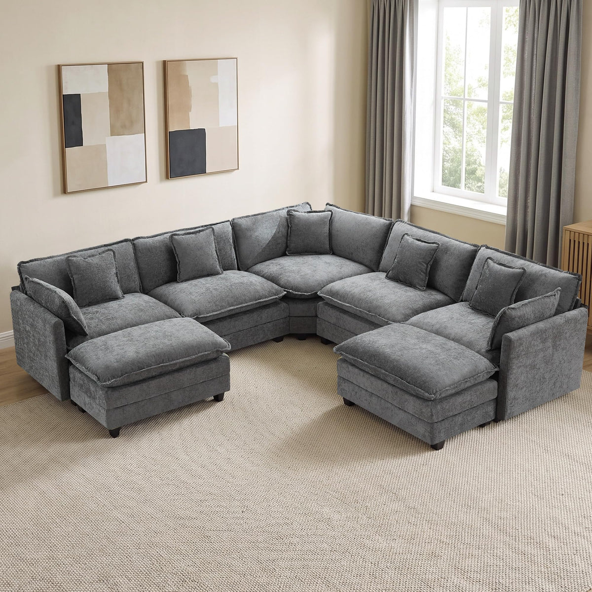 113" V-Shaped Cloud Couch, Modular Sectional for Living Room, Light Grey