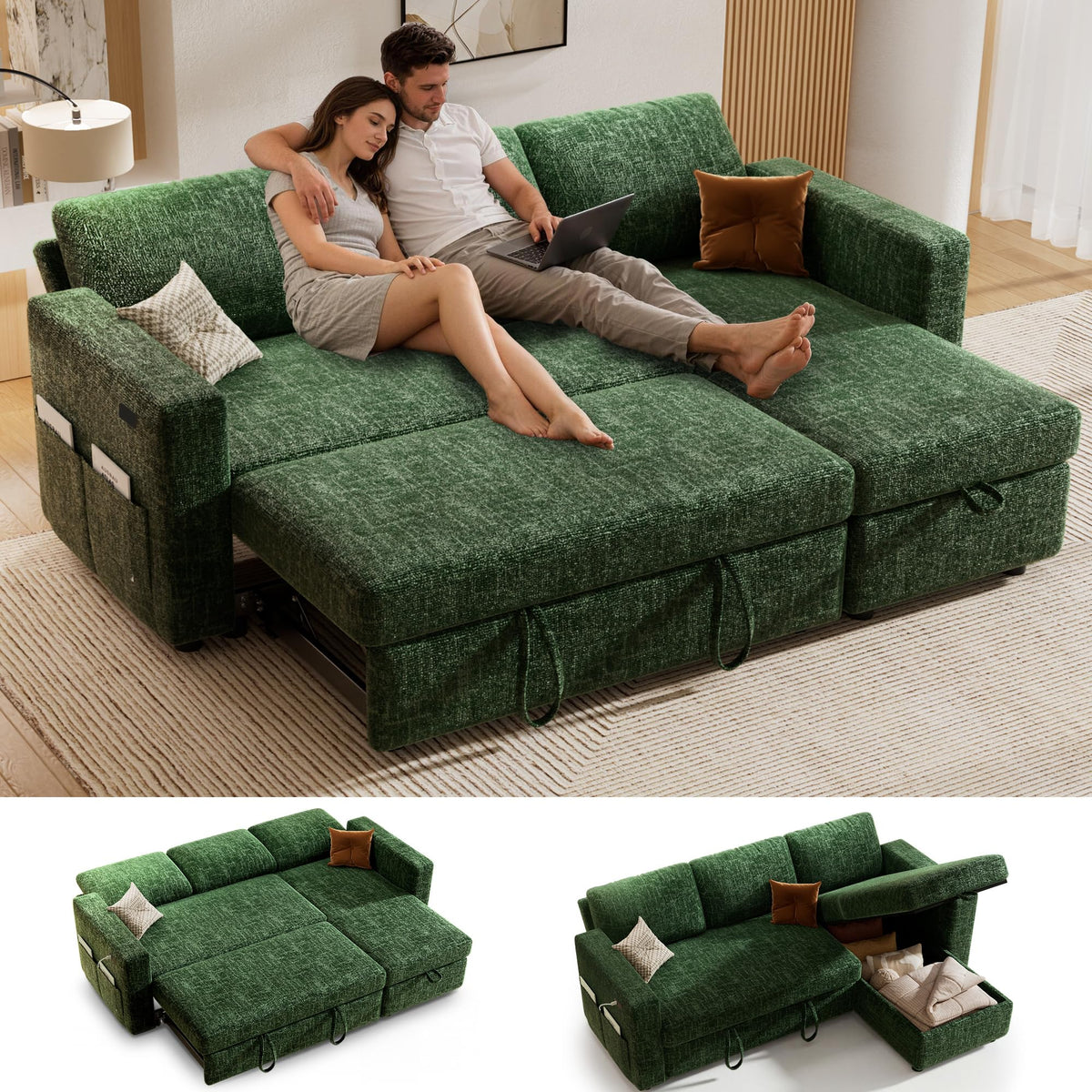 Vipbear 106" Sectional Sleeper Sofa with Pull Out Bed, U Shaped Couch Sleeper Sofa Bed, Pull Out Couch with Reclining Backrest, Double Storage Chaise, USB Ports, Tool-Free Assembly, Chenille Grey