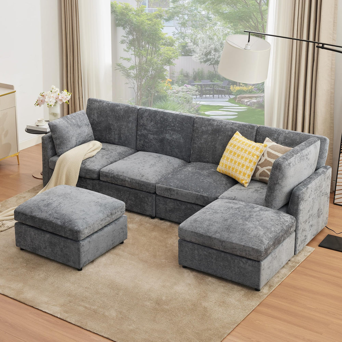 Tbfit U Shaped Couch, Sectional Sofa for Living Room,Chenille Cloud Couch with Ottoman 6 Seat, Grey