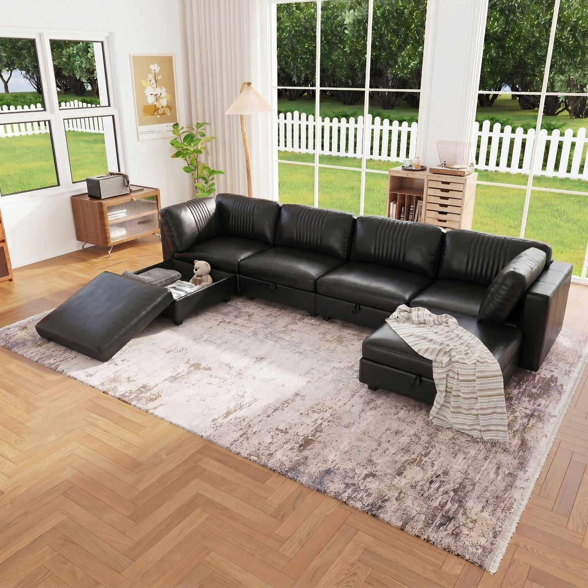 128" Faux Leather Modular Sectional Sofa with Storage, 8 Seater Waterproof & Scratch Resistant Leather Sectional Sofa, U Shaped Couch with Storage, Oversized Brown Sectional Couches for Living Room