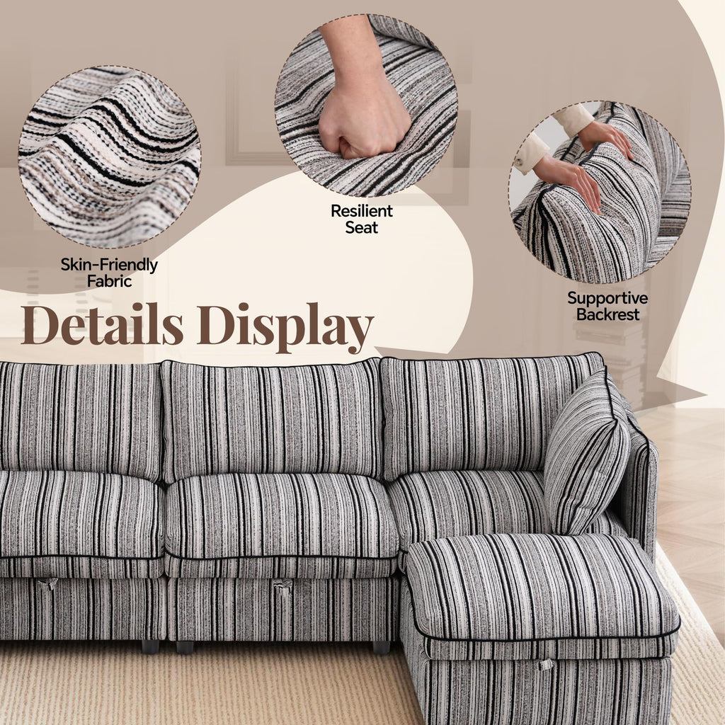 125" Modular Sectional Couch with Hidden Storage, Convertible L U Shaped Sleeper Sofa Bed with Stripe Pattern, 8 Seat Modular Sectional Couch with Ottoman Chaise & Removable Covers for Living Room