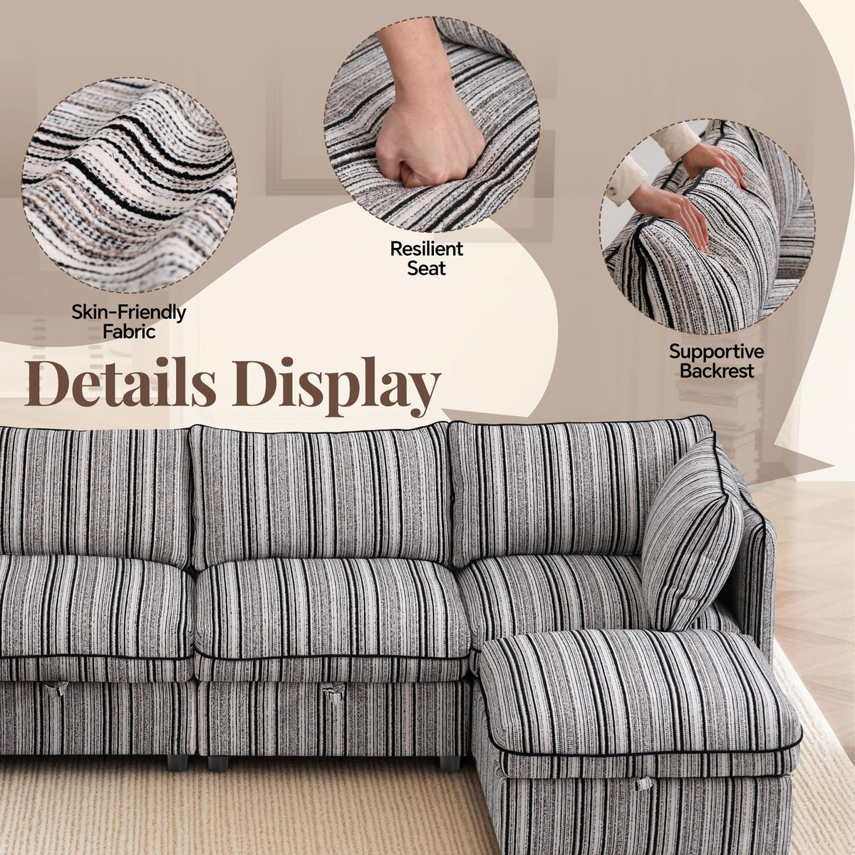 125" Modular Sectional Couch with Hidden Storage, Convertible L U Shaped Sleeper Sofa Bed with Stripe Pattern, 8 Seat Modular Sectional Couch with Ottoman Chaise & Removable Covers for Living Room
