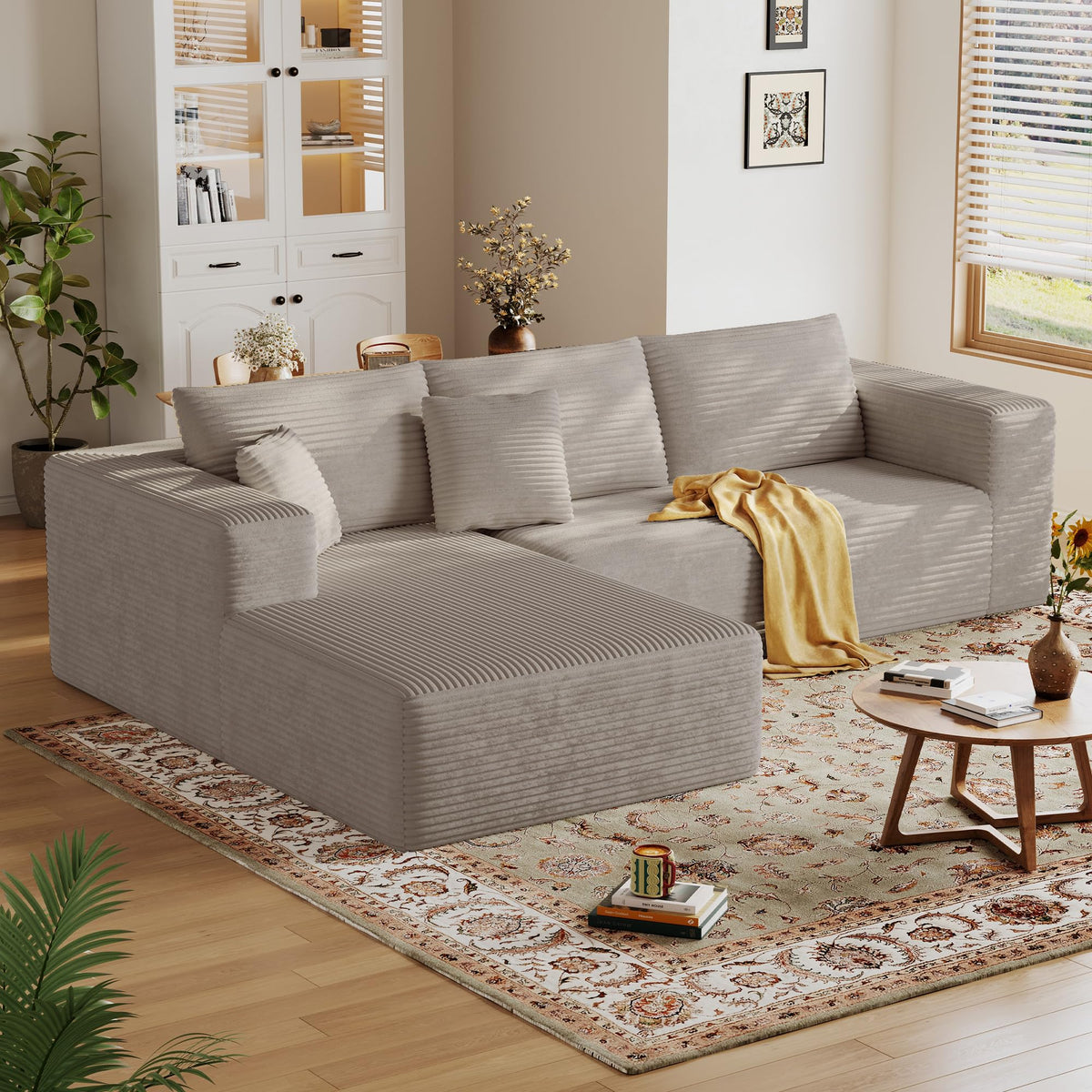 108'' Sectional Boneless Couches for Living Room,Cloud Sectional Couch with L-Shape Chaise,Modern Corduroy Modular Sofa with Deep Seat,No Assembly Required(Left Facing Chaise,Camel)