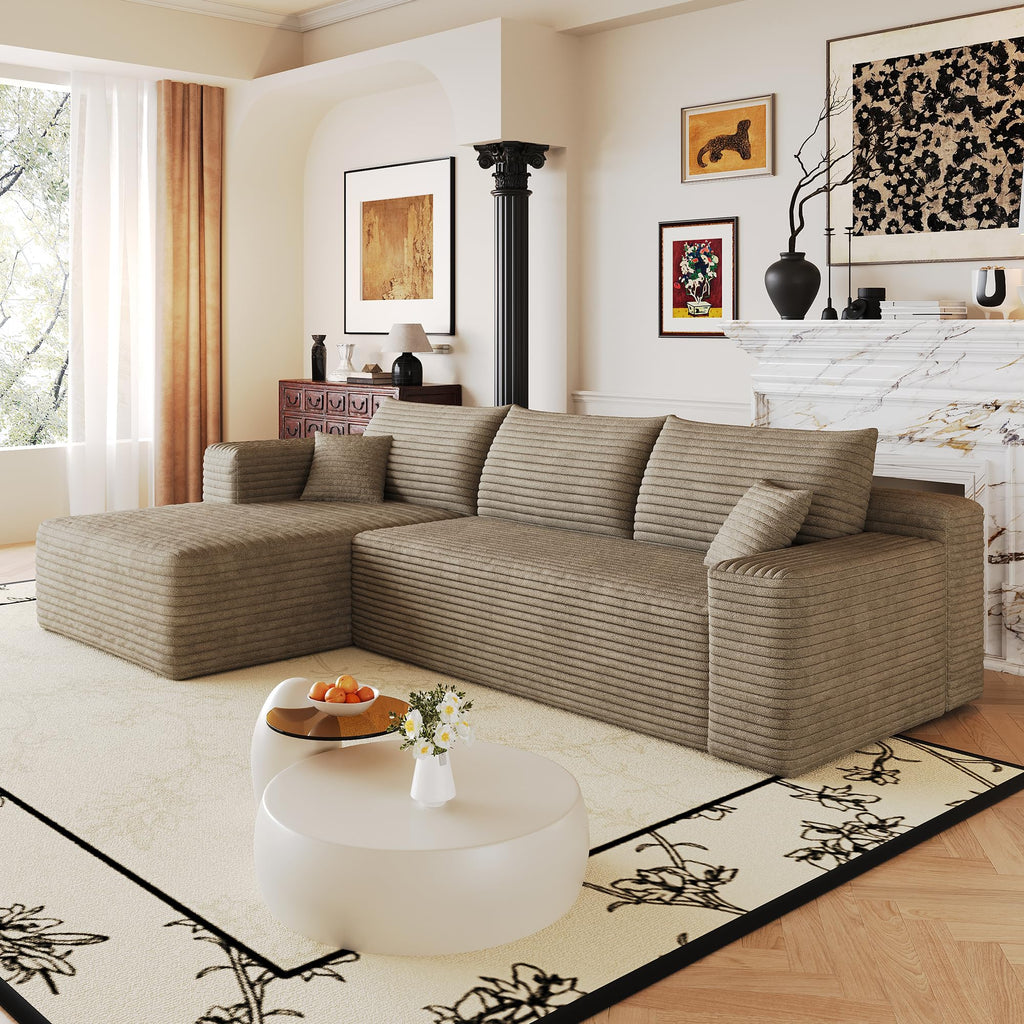 107" U-Shaped Cloud Sectional Couch with Ottoman for Living Room, Boneless Sofa, Compressed Sofa, No Assembly Required, Black Corduroy, Right Chaise