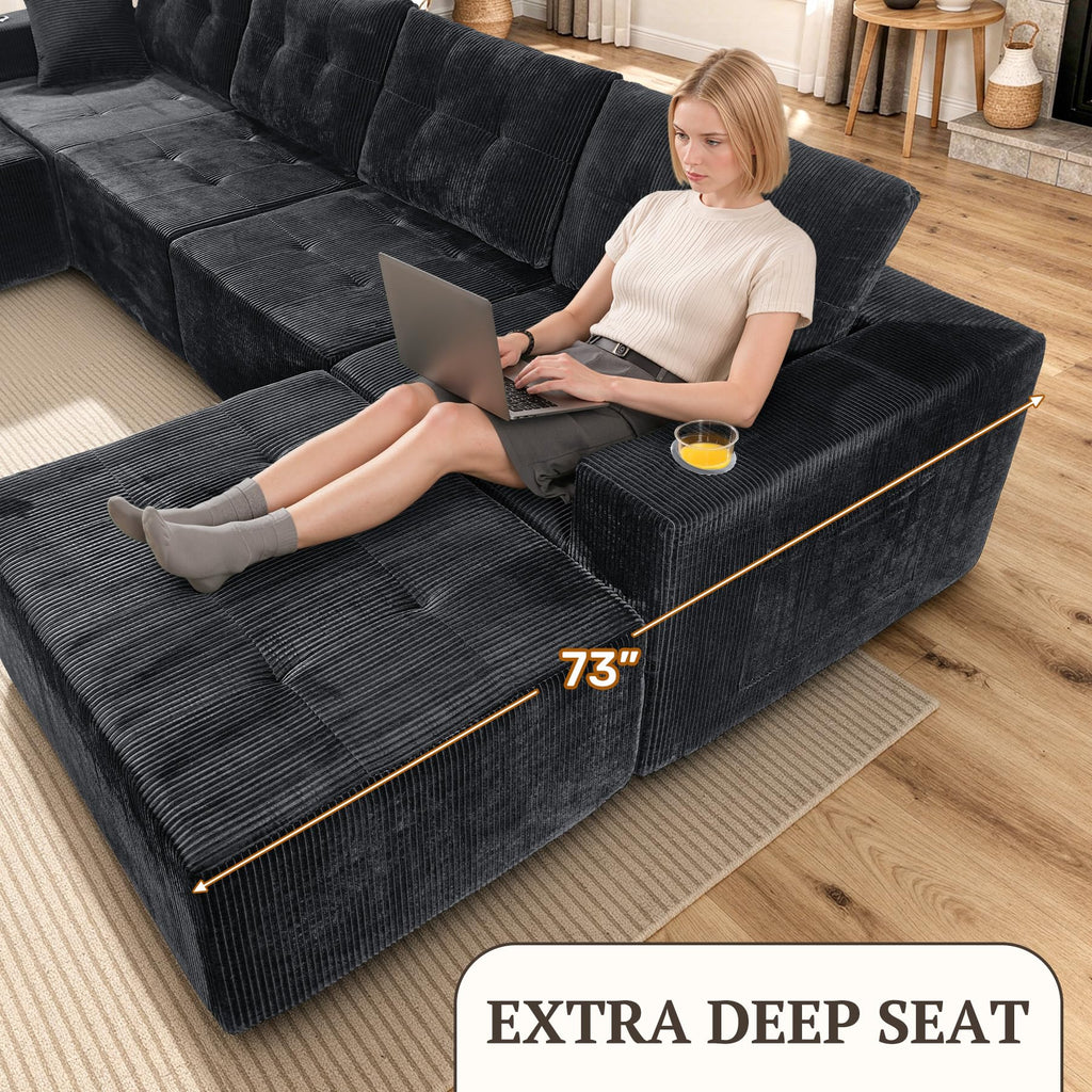 113" Boneless Modular Sectional Sofa, L-Shape Couch, 4-Seat Gray Corduroy