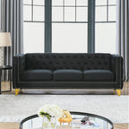 Velvet Upholstered Sofa, Buttons Tufted Couch with Square Arms, Modern Living Room Sofa with Metal Legs, Black Velvet