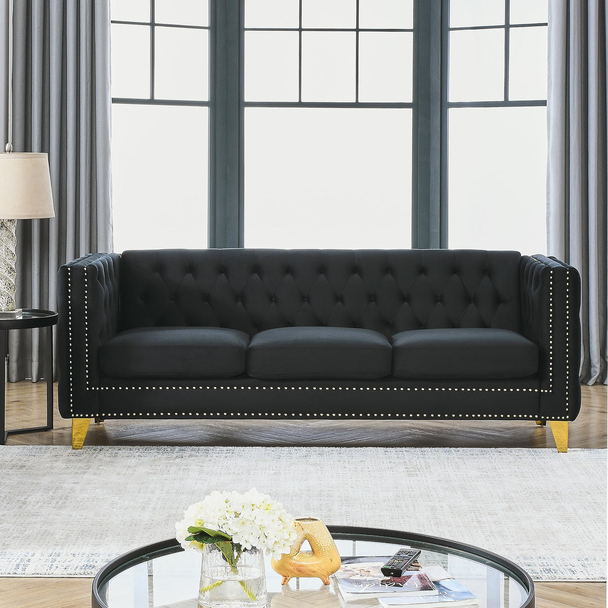 Velvet Upholstered Sofa, Buttons Tufted Couch with Square Arms, Modern Living Room Sofa with Metal Legs, Black Velvet