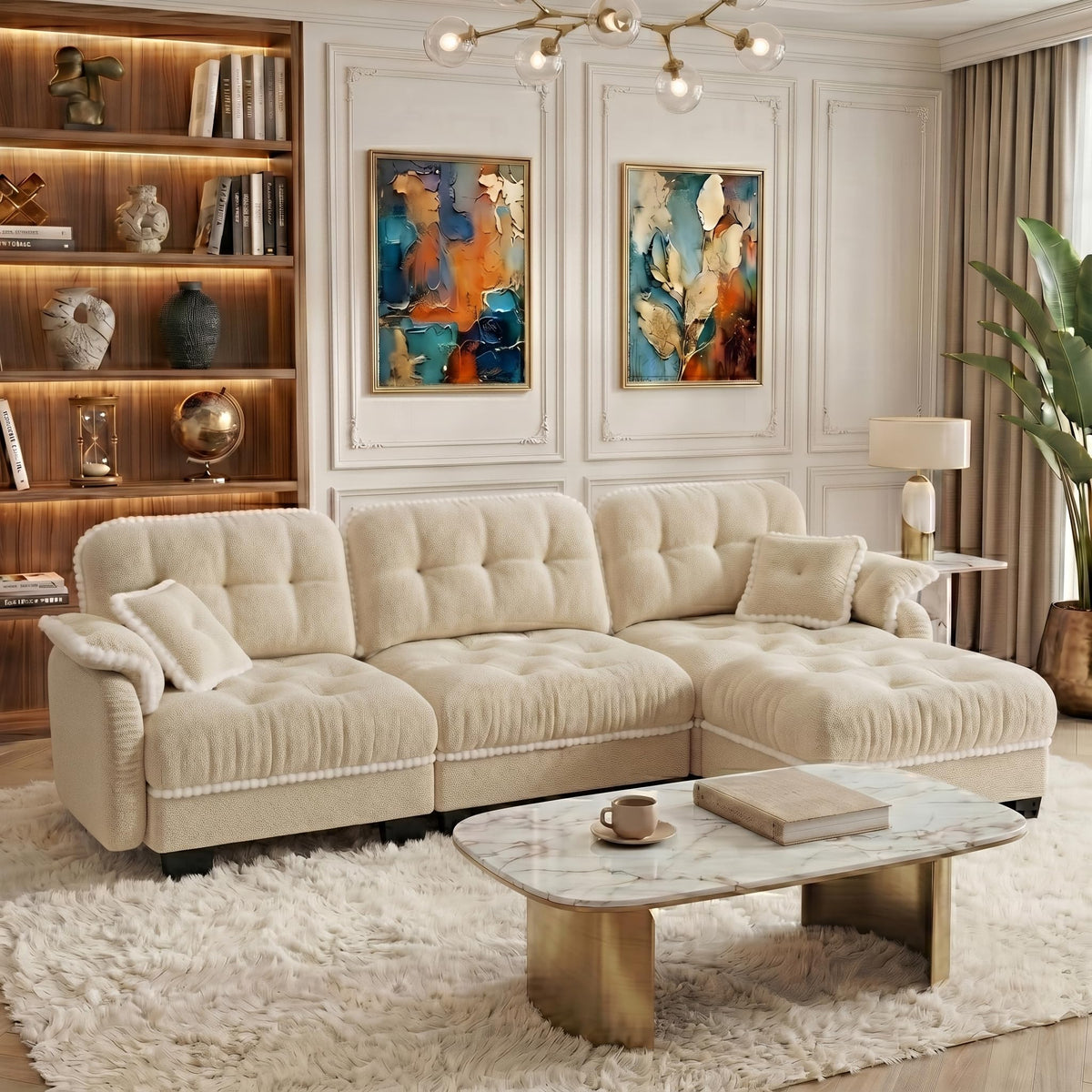 100.7" Chenille Cloud 3-Seater Sofa, Tufted Deep Seat Couch with Pom-Pom Trim & 4 Pillows, Ergonomic Easy Assembly Modular Sofa for Living Room & Apartment（Green ）