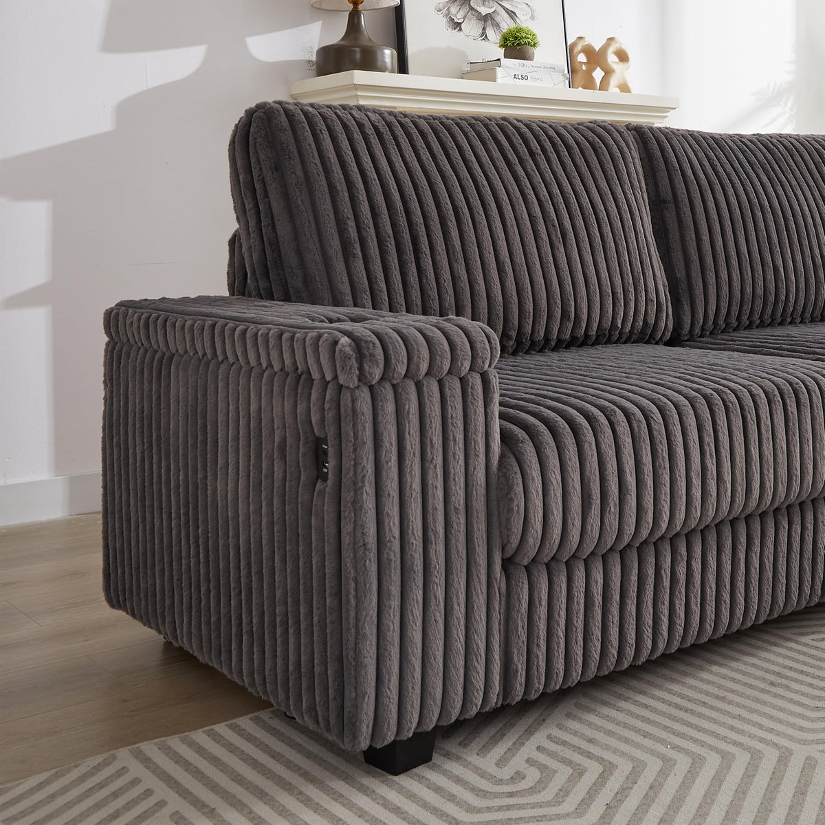 110 Inch Oversized Corduroy Corner Sofa,L Shaped Corner Couch with Two Storage Spaces,USB Port Type C Port and Cup Holder, Deep Seat Comfy Upholstered Couches for Living Room(Not Freely combinable)