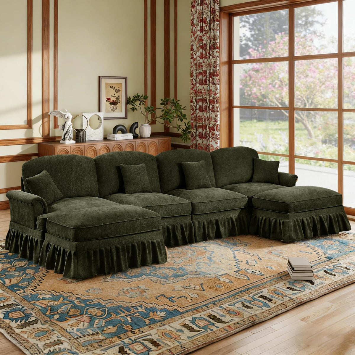 107'' Modern Sectional Sofa, Upholstered U-Shaped Couch with Removable Ruffles Pleats Skirts, Silver Chenille Cloud Couch, Ottoman, Flared Arms, 4-Seat Couches for Living Room, Bedroom, Camel