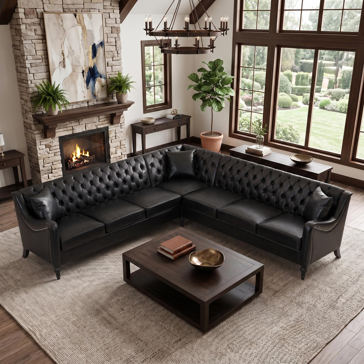 103" L-Shaped Chesterfield Sofa, Tufted PU Leather Sectional Couches for Living Room, 6-Seat Vintage Corner Couch, Black