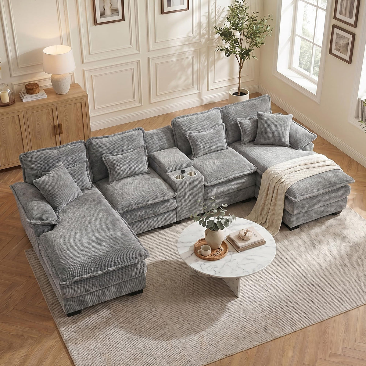 133" U Shaped Sectional Sofa with Double Chaise and Console, Grey