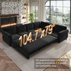 118" L-Shaped Sofa Couch with Pull-Out Bed,Oversize Convertible Sleeper Sofa with Nailhead Trim & Rolled Arm,Chenille Upholstered Sectional Couches, for Living Room, Black