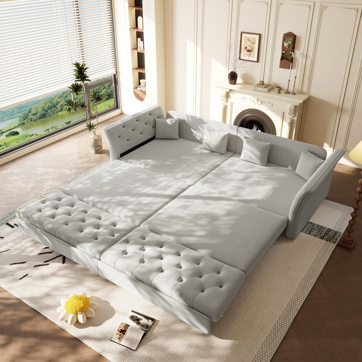 100" Oversize Pull Out Sofa Bed, Convertible Sleeper Sofa with Handmade Fabric Flower Tufted Design,Multi Functional Velvet Loveseat Bed for Living Room,Bedroom,Apartment,Light Grey