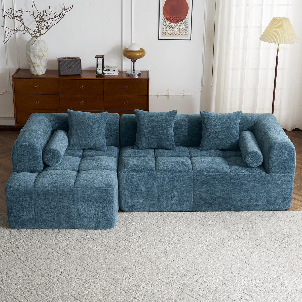 101.2" L-Shaped Sectional Sofa | Chaise Deep Seat | Chenille 3-Seater Sofa with Pillows & 2 Side Pockets| Blue Living Room Furniture| Modular Compressed Couch