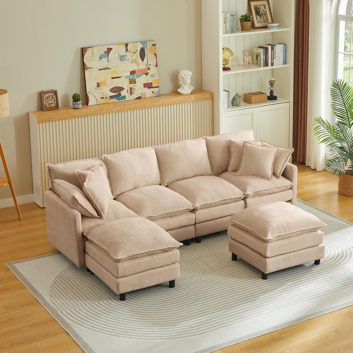 106" U-Shape Modular Sofa w/Ottoman, 4-Seater Chenille Cloud Couch, Coffee