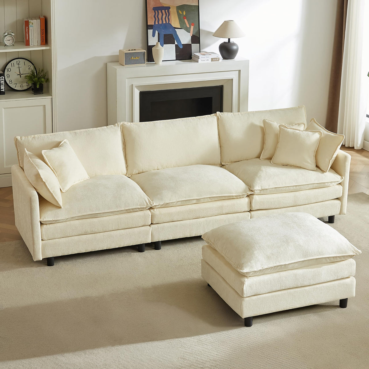 106" U-Shape Modular Sofa w/Ottoman, 4-Seater Chenille Cloud Couch, Coffee