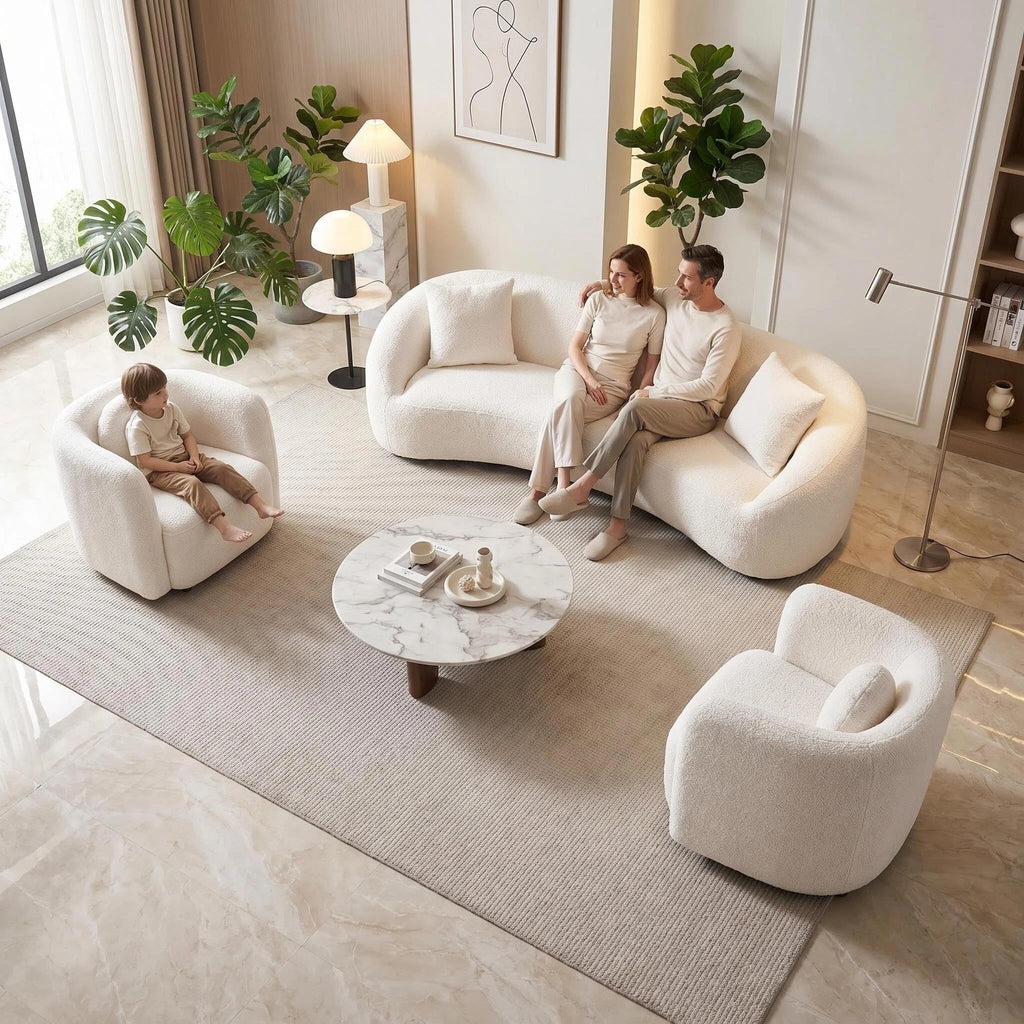 White Curved Sofa Set of 3, Solid Wood Frame, 5 Seater, Pillows, Modern