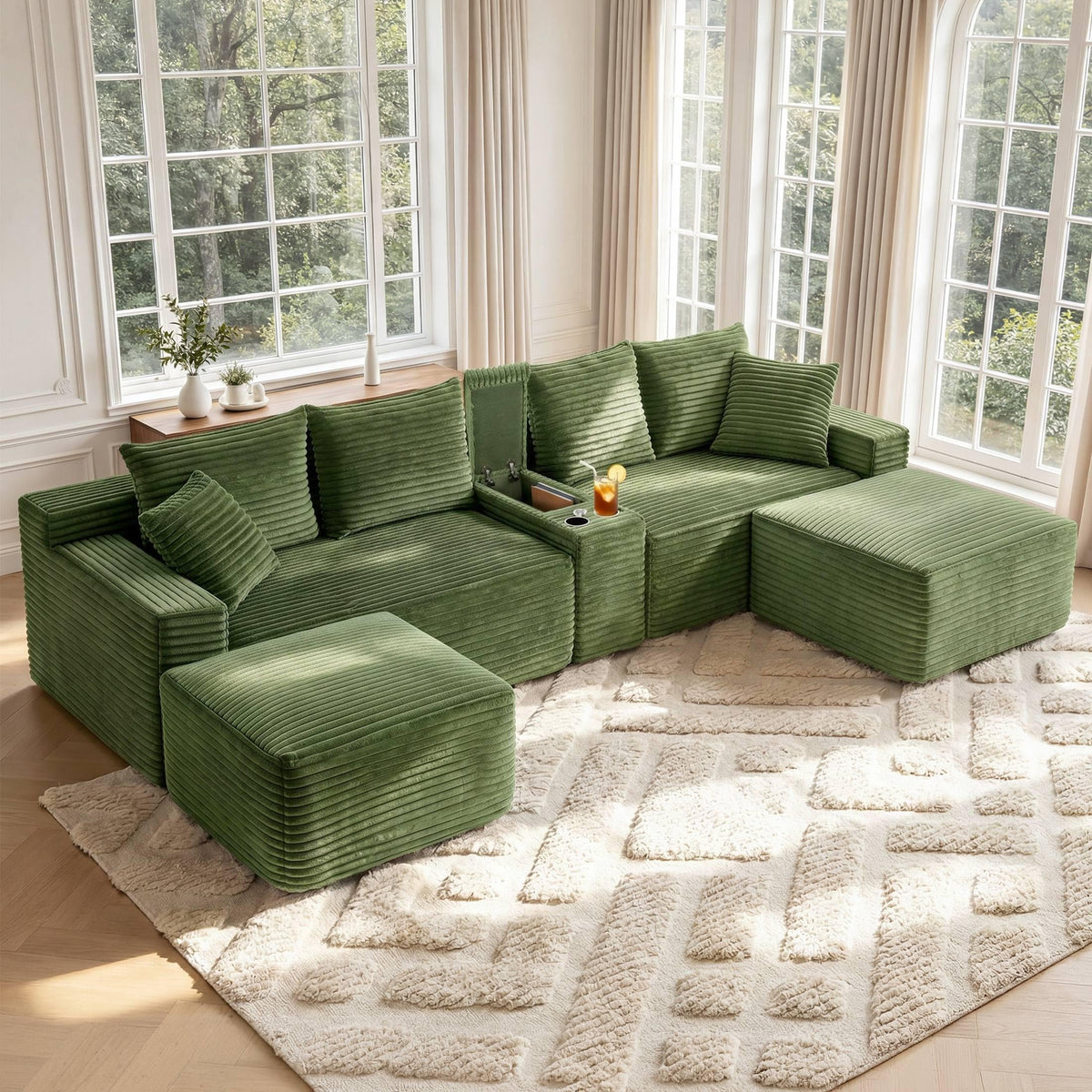 127” U-Shaped Cloud Sectional Couch for Living Room, Modern Boneless Corduroy Sofa with Chaise ‌and Console, Include 2 Cup Holders, Storage Space and USB Ports, No Assembly Required, Black