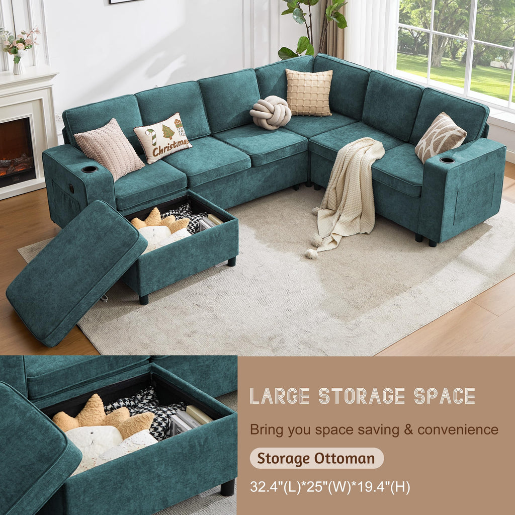 107" Modular Sectional Sleeper Sofa with Pull Out Bed, 7 Seat U Shaped Couch with Storage Ottoman, USB Port & 6 Pillows, Sectional Couches for Living Room & Apartment, Modular Cloud Couch, Green