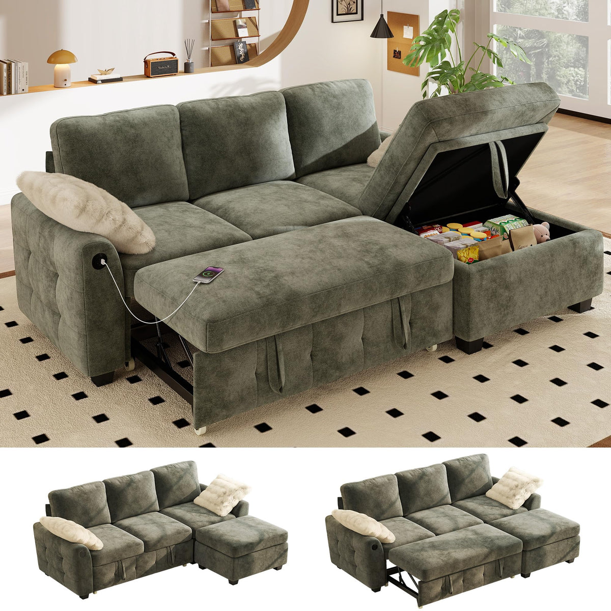 WorthFurni 104" Oversized 6 Seat L Shaped Sectional Sofa, Corduroy Convertible Couch with Pull Out Bed, Movable Storage Ottoman, USB Port, 2 Pillows & Storage Pocket for Living Room（Gray）