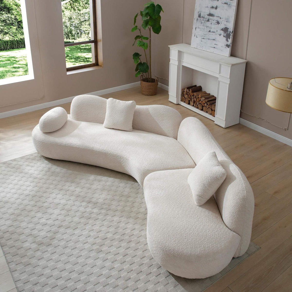 127" White Curved Boucle Modular Sofa, 5 Seater Cloud Couch for Living Room
