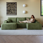 107" Plush Corduroy Deep Seat Chaise Lounge Indoo, Modern Boneless Compressed Floor Sectional Sofa with High-Resilience Foam, Free Combination Modular Cloud Sectional Sofa for Living Room, Green