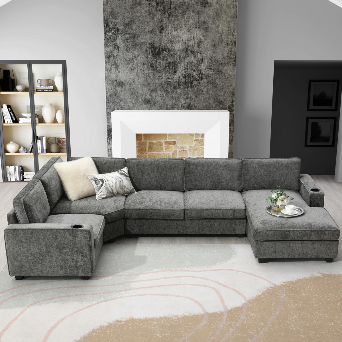 119*67" U Shaped Sectional Sofa,6 Seat Chenille Corner Couch Set with Oversized Chaise Lounge,Irregular Corner, Deep and Wide Seat Comfy Sofa with Cup Holders for Living Room,Apartment (Beige-V33)
