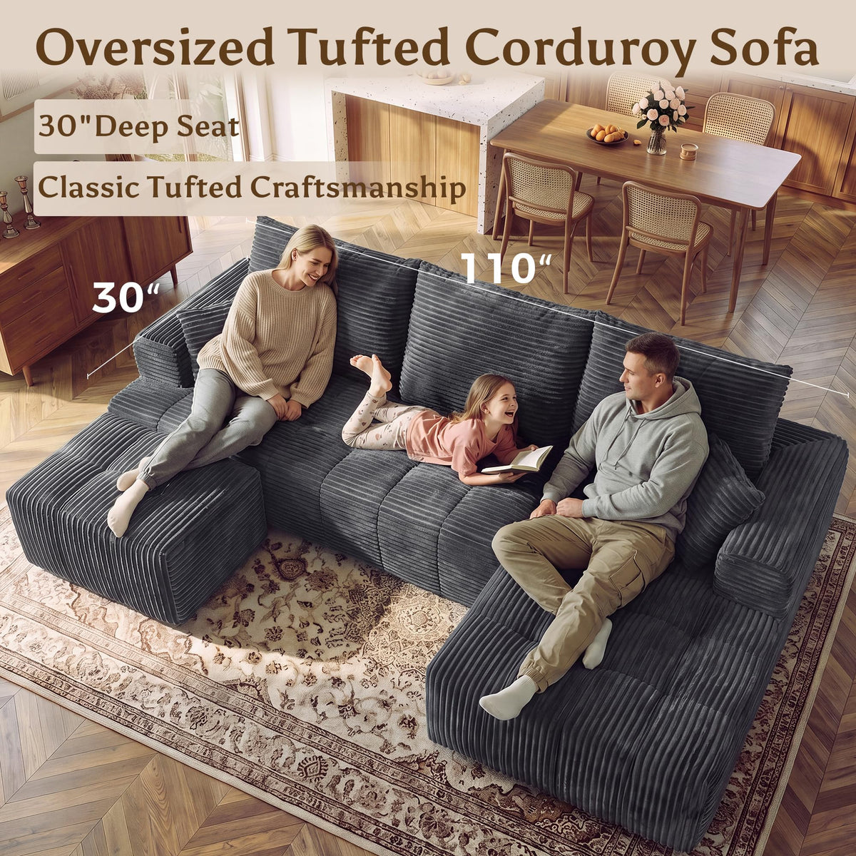 110" U Shaped Boneless Couches for Living Room, Cloud Couch with Ottoman