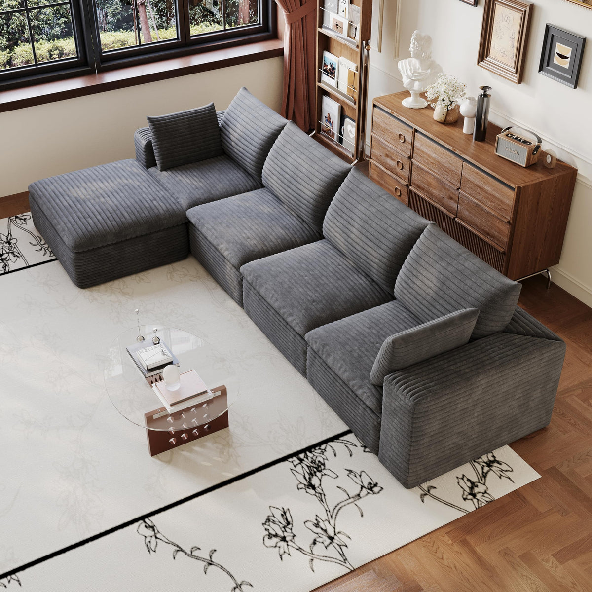 102" Oversized Boneless Modular Sectional Sofa Cloud Couch with 3 Ottomans Convertible Sleeper Sofa Bed for Living Room - No Assembly Floor Compression Sofa with Memory Foam and Deep Seat
